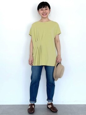 「イエロー」｜「アイテム（チュニック）」を使った、Online Storeさん（レディース・154cm）の春コーディネート