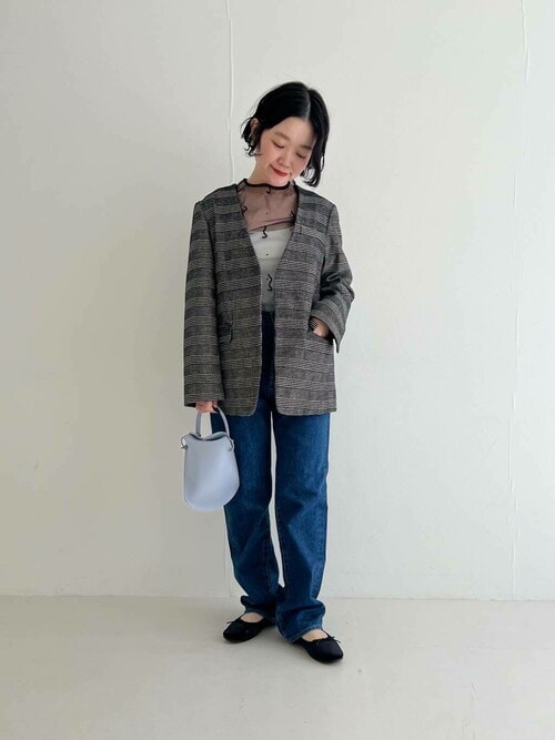 セール】モールチェックノーカラーオーバージャケット（ノーカラー