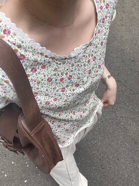 「TINA：JOJUN（ティーナジョジュン）のドロスト ニットソーパンツ TINA：JOJUN（その他パンツ、ホワイト系）」を使った、Miyukiさん（レディース・158cm）の夏コーディネート