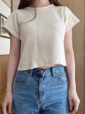 「mystic（ミスティック）のアイテム（Tシャツ/カットソー、ベージュ系）」を使った、amさん（レディース・155cm）の夏コーディネート