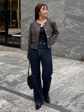 「アイテム（ノーカラージャケット、グレー系）」を使った、miokoさん（レディース・158cm）の秋コーディネート