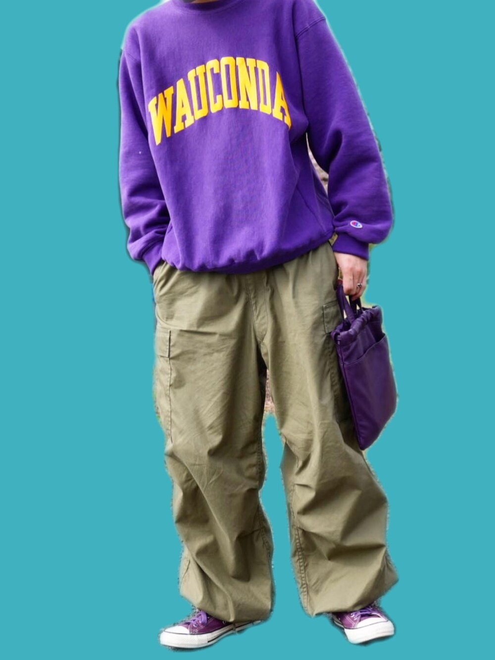 「今日のコーデ、春服、休日コーデ、お洒落さんとつながりたい、ootd、大人カジュアル、おしゃれさんと繋がりたい、古着MIX、オーバーサイズ、春夏コーデ、カジュアルコーデ」｜「Championのアイテム（スウェット、パープル系）」を使った、龍さん（メンズ・172cm）の春コーディネートの1枚目の写真