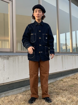 「元町の帽子屋のアイテム（ハンチング/ベレー帽、ブラック系）」を使った、しんぺいさん（メンズ・167cm）の秋コーディネート