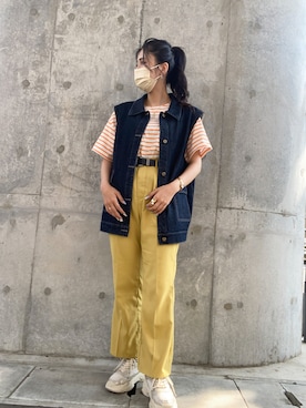 「apres jour mignon（アプレジュールミニョン）のシュエットフレアーパンツ【ZOZOTOWN限定アイテム】（その他パンツ、イエロー系）」を使った、MISAKIさん（レディース・160cm）の春コーディネート