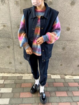 「apres jour mignon（アプレジュールミニョン）のテーパードデニム【ZOZOTOWN限定アイテム】（デニムパンツ、ブルー系）」を使った、MISAKIさん（レディース・160cm）の春コーディネート