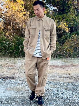 「アイテム（カーゴパンツ）」を使った、keeさん（メンズ・168cm・30代）の冬コーディネート