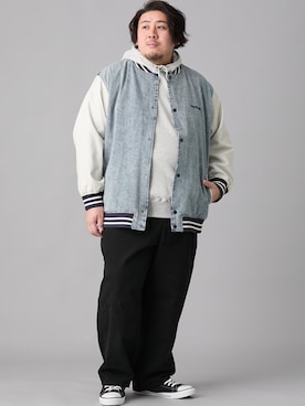 「nissen（ニッセン）のルーズワイドパンツ【大きいサイズメンズ】（パンツ、ブラック系）」を使った、ニッセンラージメンズモデルさん（メンズ・172cm）の冬コーディネート