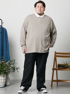 「ラガーシャツ」｜ニッセンラージメンズモデルさん（メンズ・178cm）の冬コーディネート