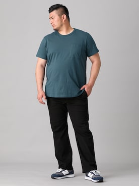 「nissen（ニッセン）の綿１００％お腹ゆったりポケット付クルーネック半袖Ｔシャツ（Tシャツ/カットソー、ブルー系）」を使った、ニッセンラージメンズモデルさん（メンズ・182cm）の春コーディネート