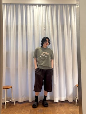 「EKAL（エカル）の『吸水速乾/通気性/軽量』DOT AIR BAGGY SHORTS（その他パンツ、ブラウン系）」を使った、KIMさん（メンズ・175cm）の夏コーディネート