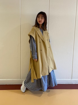 「ストライプワンピース」｜「アイテム（トレンチコート）」を使った、rinaさん（レディース・158cm）の春コーディネート