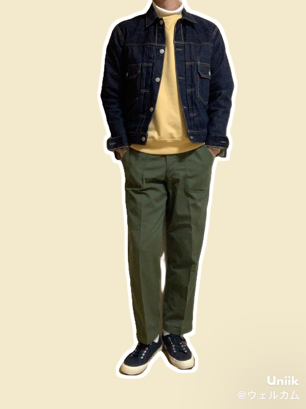 「フェローズ、Pherrow's、オーシバル、orcival、ユニクロ、UNIQLO、古着、スペルガ、SPERGA、デニムジャケット、スウェット、スニーカー、春コーデ」｜「Pherrow'sのアイテム（デニムジャケット、ブルー系）」を使った、ウェルカム【相互】さん（メンズ・175cm）の春コーディネートの1枚目の写真