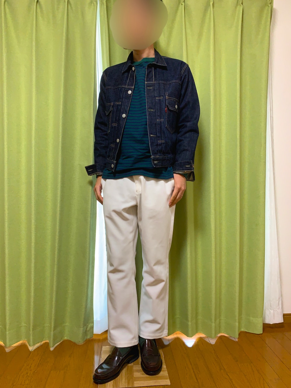 「春コーデ、デニムジャケット、ボーダー、白パンツ、ローファー、革靴、フェローズ、Pherrow's、フォークアンドスプーン、FORK&SPOON、ユナイテッドアローズ、BEAUTY&YOUTH UNITED ARROWS、リーガル、regal、ユニクロ」｜「Pherrow'sのアイテム（デニムジャケット、ブルー系）」を使った、ウェルカム【相互】さん（メンズ・175cm）の春コーディネートの1枚目の写真
