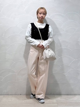 「ワイドパンツ」｜「アイテム（デニムパンツ、ピンク系）」を使った、まいさん（レディース・154cm）の冬コーディネート