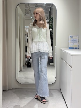 「FREE'S MART（フリーズマート）の◆シアーチュールレースカーディガン（Tシャツ/カットソー、グリーン系）」を使った、こころさん（レディース・163cm）の夏コーディネート