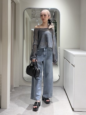 「FREE'S MART（フリーズマート）の[低身長サイズ・Lサイズあり］サイドパネルヴィンテージライクワイドデニム[Sシリーズ]（デニムパンツ、ブルー系）」を使った、こころさん（レディース・163cm）の春コーディネート