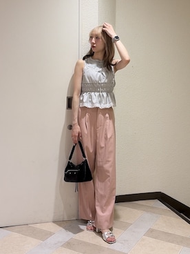 「FREE'S MART（フリーズマート）の◆ワッフルアメスリショート丈タンク（Tシャツ/カットソー、グレー系）」を使った、こころさん（レディース・163cm）の夏コーディネート