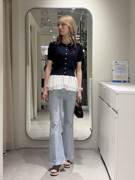 「U.S. POLO ASSN.（ユーエスポロアッスン）の◆【フリーズマート別注】U.S.POLO ASSN./ユーエスポロアッスン別注／金釦ケーブルカーディガン（ニット/セーター、ブルー系）」を使った、こころさん（レディース・163cm）の夏コーディネート