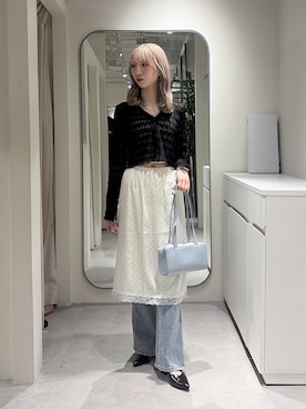 「FREE'S MART（フリーズマート）の◇シアーチュールカーディガン（カーディガン/ボレロ、ブラック系）」を使った、こころさん（レディース・163cm）の春コーディネート