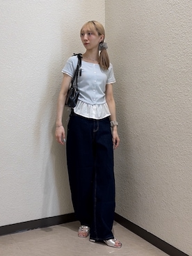 「FREE'S MART（フリーズマート）の◆布帛ドッキングサイドシャーリング半袖カットソー（Tシャツ/カットソー、ブルー系）」を使った、こころさん（レディース・163cm）の夏コーディネート