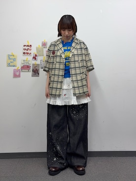 「CIAOPANIC（チャオパニック）の【She desires...】2WAYシャーリングティアード刺繍ビスチェ（チュニック、ホワイト系）」を使った、ひなのさん（レディース・159cm）の春コーディネート