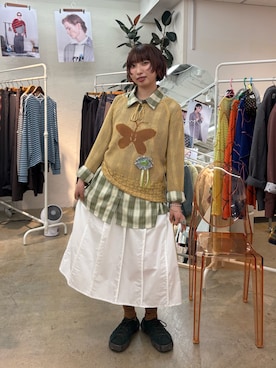 「CIAOPANIC（チャオパニック）のバタフライ透かし編みニット（パーカー、イエロー系）」を使った、ひなのさん（レディース・159cm）の夏コーディネート