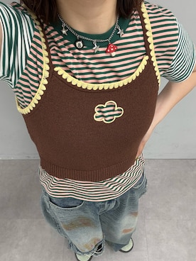 「CIAOPANIC（チャオパニック）のクレイジーパターンコンパクトボーダーTee（T Shirts、グリーン系）」を使った、ひなのさん（レディース・159cm）の夏コーディネート