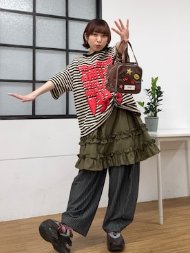 「CIAOPANIC（チャオパニック）のスーパーBIGボーダーロゴTee（Tシャツ/カットソー、レッド系）」を使った、ひなのさん（レディース・159cm）の春コーディネート