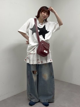 「CIAOPANIC（チャオパニック）のスターパッチワークTee（Tシャツ/カットソー、ホワイト系）」を使った、ひなのさん（レディース・159cm）の春コーディネート