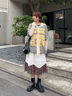 「CIAOPANIC（チャオパニック）のスーパーBIGボーダーロゴTee（Tシャツ/カットソー、イエロー系）」を使った、ひなのさん（レディース・159cm）の春コーディネート