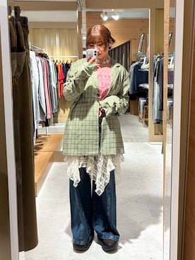 「CIAOPANIC（チャオパニック）の袖ギャザーチェックグランパジャケット（テーラードジャケット）」を使った、ひなのさん（レディース・159cm）の秋コーディネート