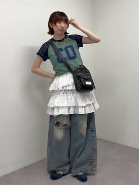 「CIAOPANIC（チャオパニック）の袖レースナンバリングボーダーラグランTee（Tシャツ/カットソー、ブルー系）」を使った、ひなのさん（レディース・159cm）の春コーディネート