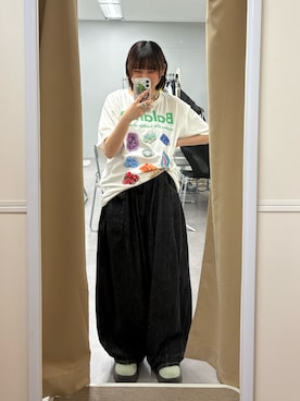 「CIAOPANIC（チャオパニック）の【cian denim/シアンデニム】切替スーパーワイドバルーンデニムパンツ（Denim pants、グレー系）」を使った、ひなのさん（レディース・159cm）の夏コーディネート