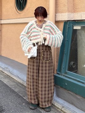 「HELLO.SANFRANCISCO（ハローサンフランシスコ）の【HELLO.SANFRANCISCO/ハローサンフランシスコ】チェック柄フリルポケットボリュームパンツ（その他パンツ、ブラウン系）」を使った、ひなのさん（レディース・159cm）の夏コーディネート