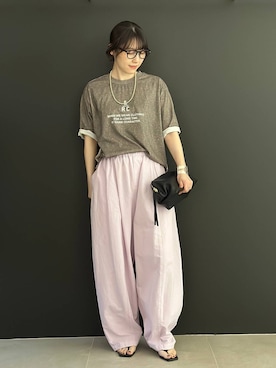 「Curensology（カレンソロジー）のCurensology(カレンソロジー)/コットンリネンドロストパンツ（その他パンツ、ピンク系）」を使った、miyaさん（レディース・162cm）の夏コーディネート