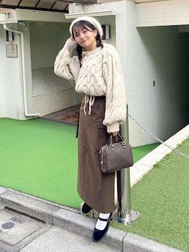 「ケーブルニット」｜「アイテム（ハンチング/ベレー帽）」を使った、hakanaさん（レディース・148cm）の秋コーディネート