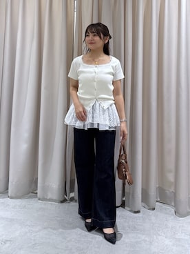 「FREE'S MART（フリーズマート）の◆〈ＭＦＭ〉レーストリム半袖カーデ（針織衫、ホワイト系）」を使った、hakanaさん（レディース・148cm）の夏コーディネート