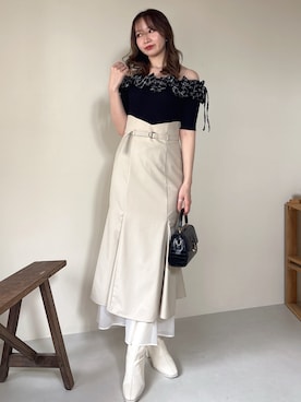 「dazzlin（ダズリン）のウェービィバルーンオフショルニットトップス（ニット/セーター、ブラック系）」を使った、marinさん（レディース・164cm）の春コーディネート