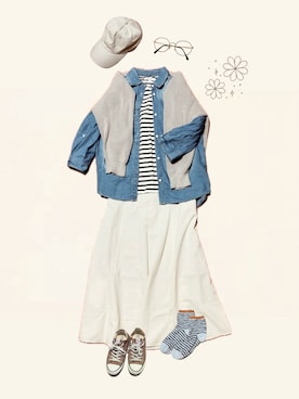 「GU（ジーユー）のアイテム（スカート、ホワイト系）」を使った、𝚢𝚞𝚔𝚘さん（レディース・155cm）の春コーディネート