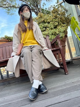 「メガネ女子」｜「アイテム（ノーカラーコート）」を使った、𝚢𝚞𝚔𝚘さん（レディース・155cm）の春コーディネート