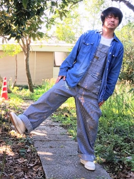 「ヒッコリー」｜「アイテム（オールインワン・サロペット）」を使った、こんがり棒さん（メンズ・167cm）の秋コーディネート