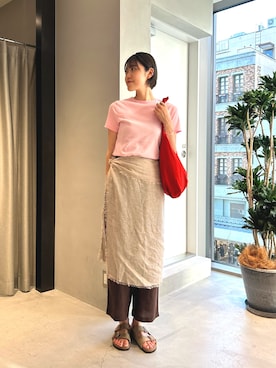 「URBAN RESEARCH DOORS（アーバンリサーチドアーズ）の『別注』PETIT BATEAU×DOORS　POINTCOCOTTE T-SHIRTS（Tシャツ/カットソー、ピンク系）」を使った、makoさん（レディース・175cm）の夏コーディネート