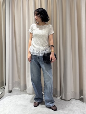 「FREE'S MART（フリーズマート）の◆メランジドロスト半袖レースティアードキャミセット（Tシャツ/カットソー、グレー系）」を使った、REINAさん（レディース・162cm）の春コーディネート
