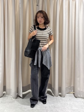 「FREE'S MART（フリーズマート）の◆インナーレイヤードボーダーヘンリーネックＴシャツ（Tシャツ/カットソー、ブラウン系）」を使った、REINAさん（レディース・162cm）の夏コーディネート