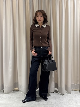 「FREE'S MART（フリーズマート）の◆〈ＭＦＭ〉レース襟ニット（ニット/セーター、ブラウン系）」を使った、REINAさん（レディース・162cm）の夏コーディネート