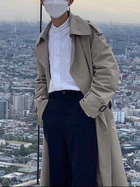 「ノーカラーシャツ」｜「アイテム（トレンチコート）」を使った、tomoさん（メンズ・167cm）の夏コーディネート