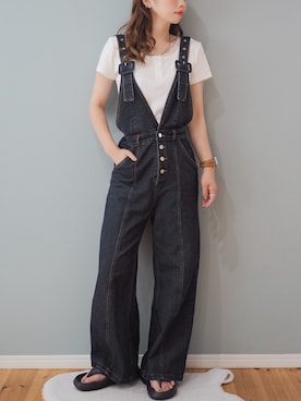 「muet.（ミュエ）のヘンリーネックレースレイヤード風リブトップス（Tシャツ/カットソー、ホワイト系）」を使った、まーこさん（レディース・164cm）の夏コーディネート