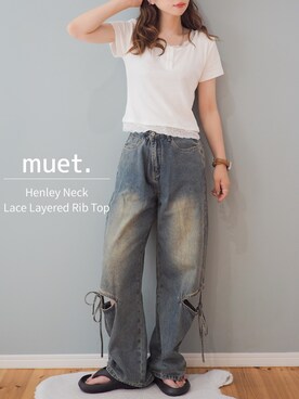 「QUEEN SHOP（クイーンショップ）のアイテム（デニムパンツ、ブルー系）」を使った、まーこさん（レディース・164cm）の夏コーディネート