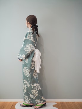 「kimonomachi（キモノマチ）の【簡単着付け】レディース セパレート浴衣 2点セット 浴衣　簡単（二部式浴衣＋しわ兵児帯）S/Fサイズ　着付け簡単　貝殻　金魚　星柄　花柄　フラワー【KIMONOMACHI オリジナル】 低身長浴衣（浴衣、グリーン系）」を使った、まーこさん（レディース・164cm）の春コーディネート