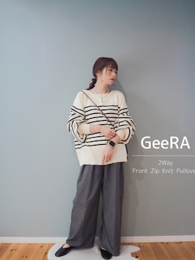 「GeeRA（ジーラ）の【新色追加/S-LL】春にぴったり！ハーフジップニットプルオーバー（ニット/セーター、ホワイト系）」を使った、まーこさん（レディース・164cm）の春コーディネート